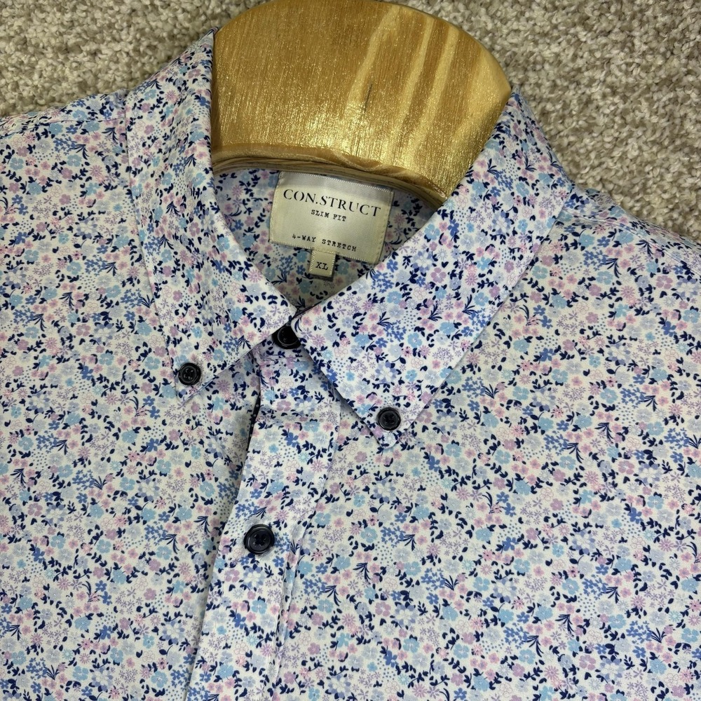 CON.STRUCT Shirt Mens XL Blue Floral Short Sleeve Button Up Slim Fit Casual